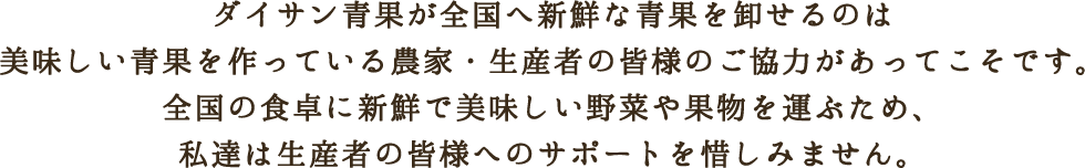 ダイサン青果が全国へ新鮮な青果を卸せるのは美味しい青果を作っている農家・生産者の皆様のご協力があってこそです。全国の食卓に新鮮で美味しい野菜や果物を運ぶため、私達は生産者の皆様へのサポートを惜しみません。